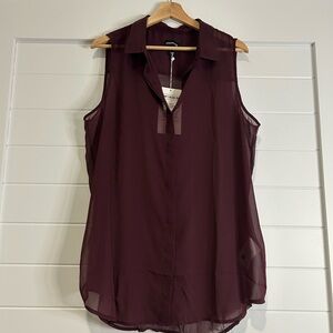 Wildfang The Empower Sheer Sleeveless Button Up Blouse in Burgundy Size L